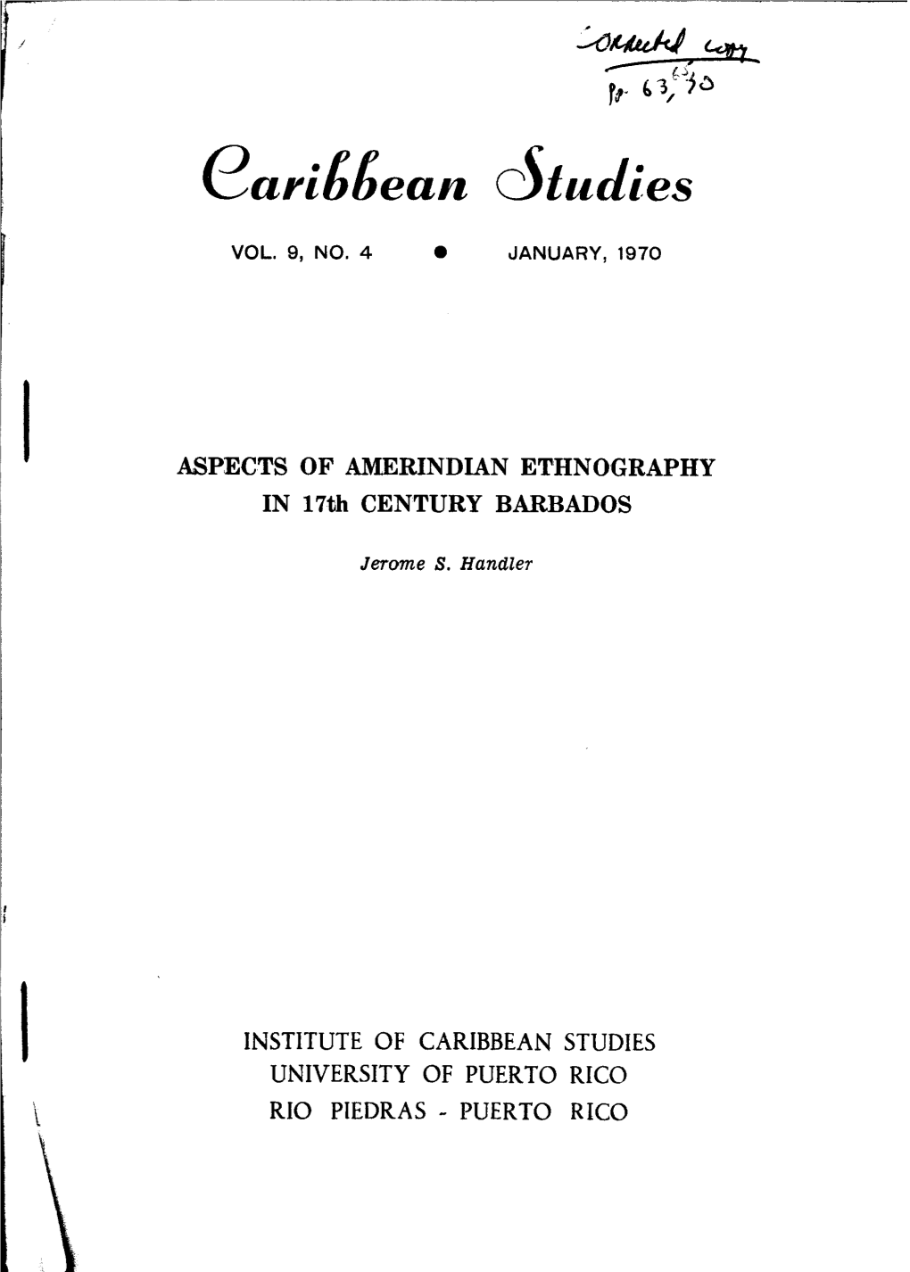 ASPECTS of AMERINDIAN ETHNOGRAPHY in 17Th CENTURY BARBADOS