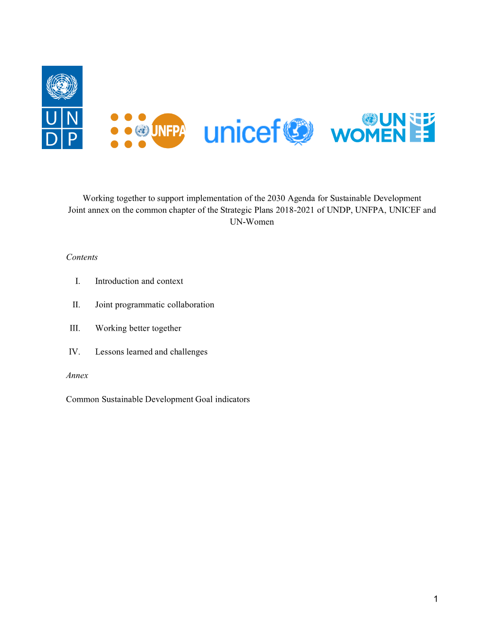 1 Working Together to Support Implementation of the 2030 Agenda for Sustainable Development Joint Annex on the Common Chapter O