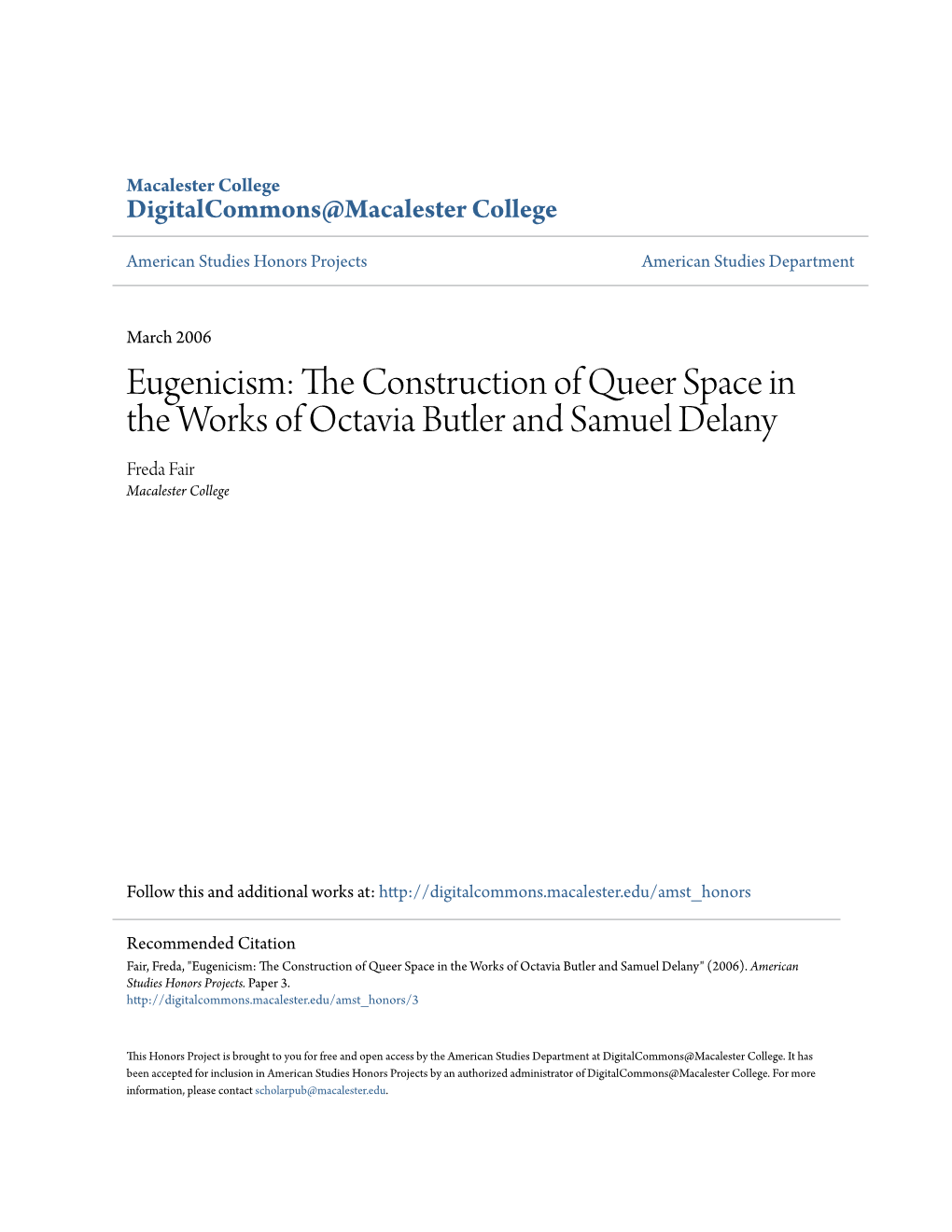 The Construction of Queer Space in the Works of Octavia Butler and Samuel Delany