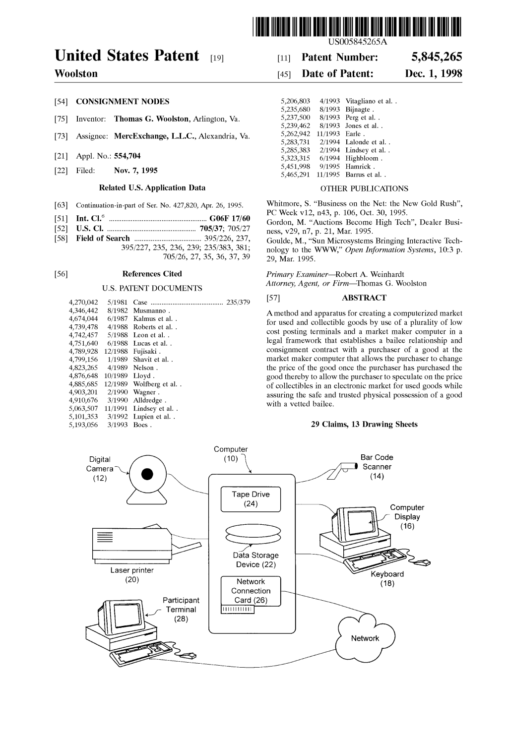 United States Patent (19) 11 Patent Number: 5,845,265 Woolston (45) Date of Patent: Dec