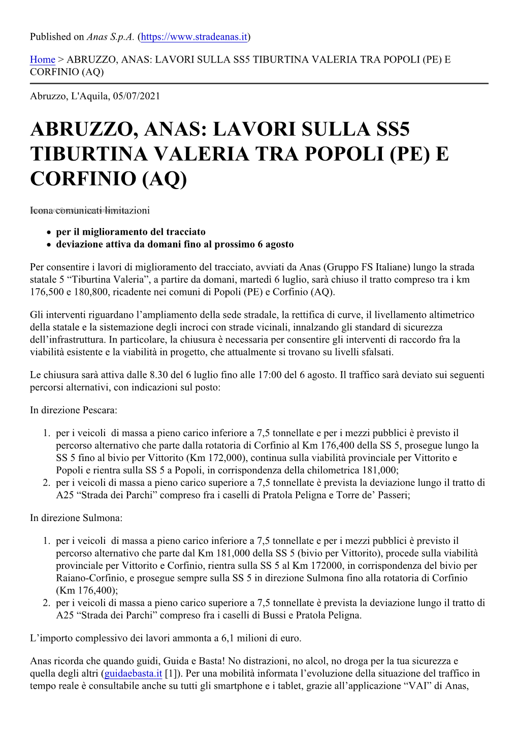 Abruzzo, Anas: Lavori Sulla Ss5 Tiburtina Valeria Tra Popoli (Pe) E Corfinio (Aq)