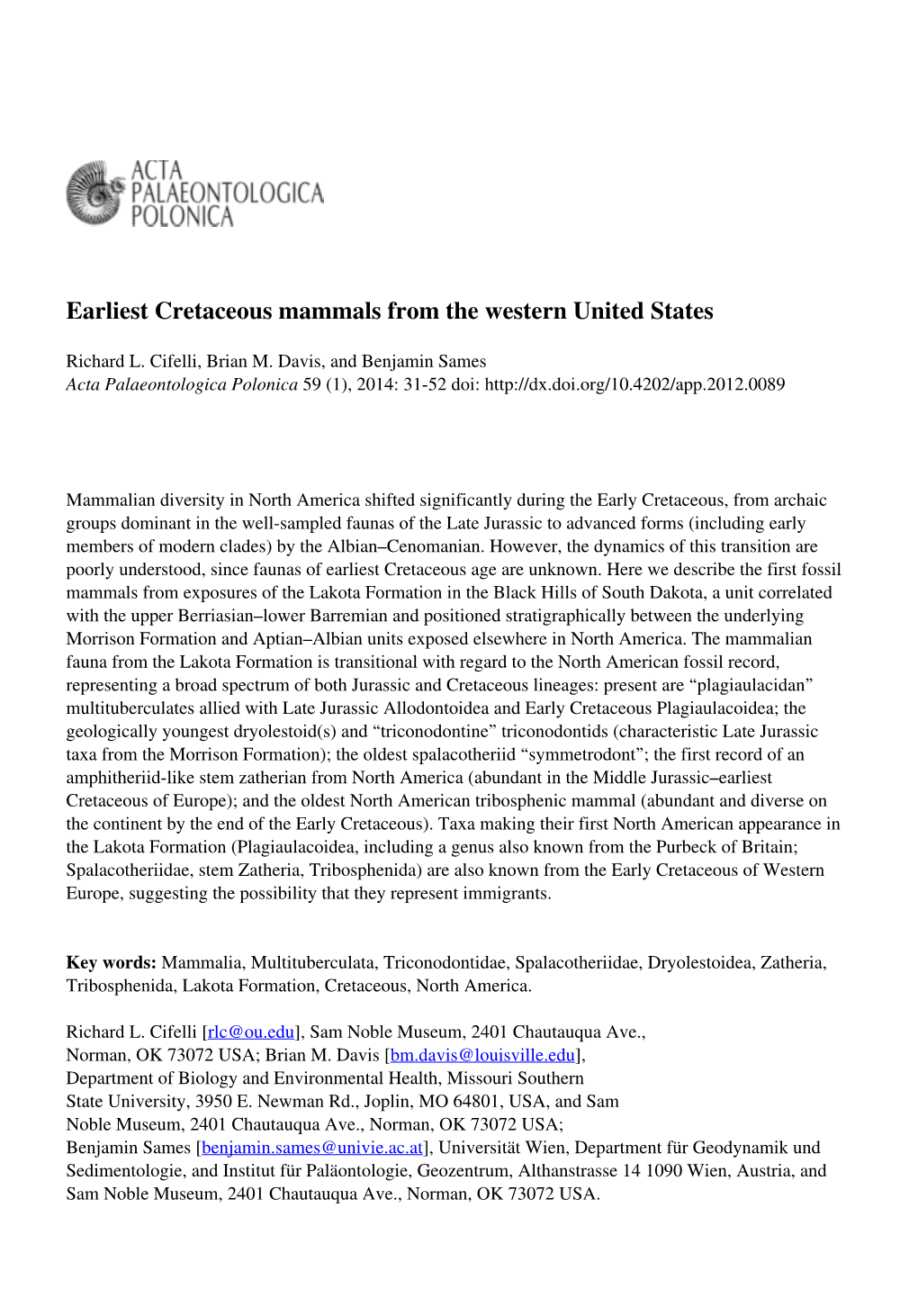 Earliest Cretaceous Mammals from the Western United States