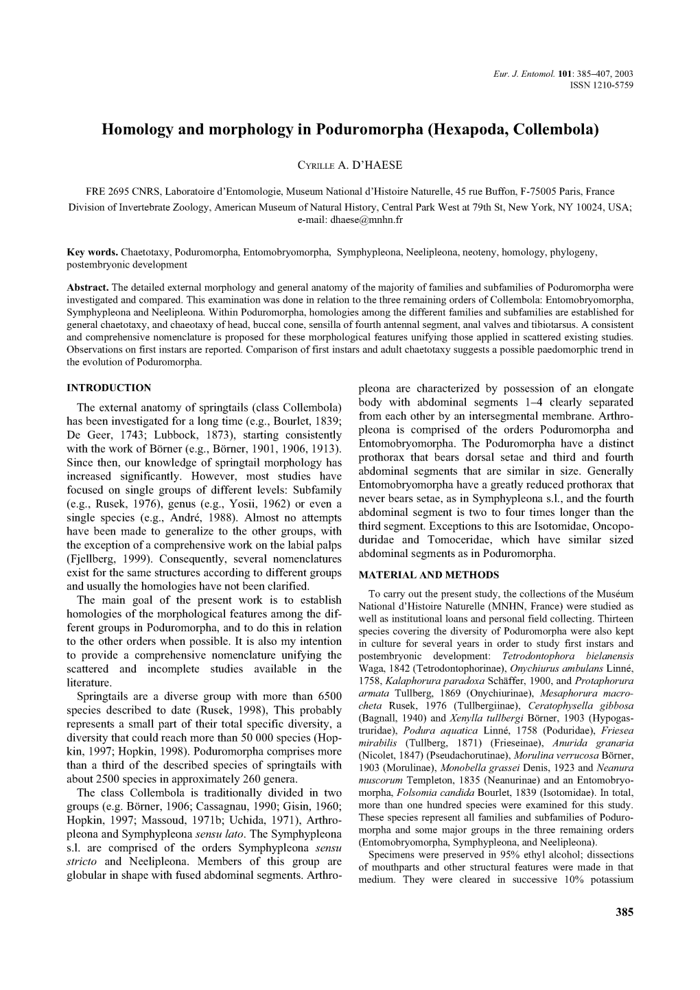 Homology and Morphology in Poduromorpha (Hexapoda, Collembola)