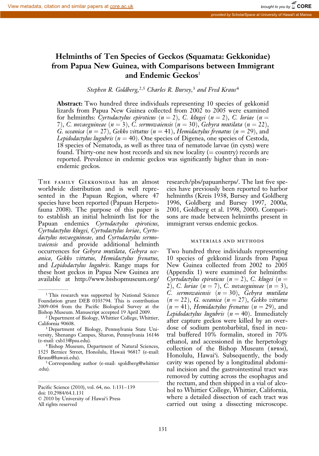 Helminths of Ten Species of Geckos (Squamata: Gekkonidae) from Papua New Guinea, with Comparisons Between Immigrant and Endemic Geckos1