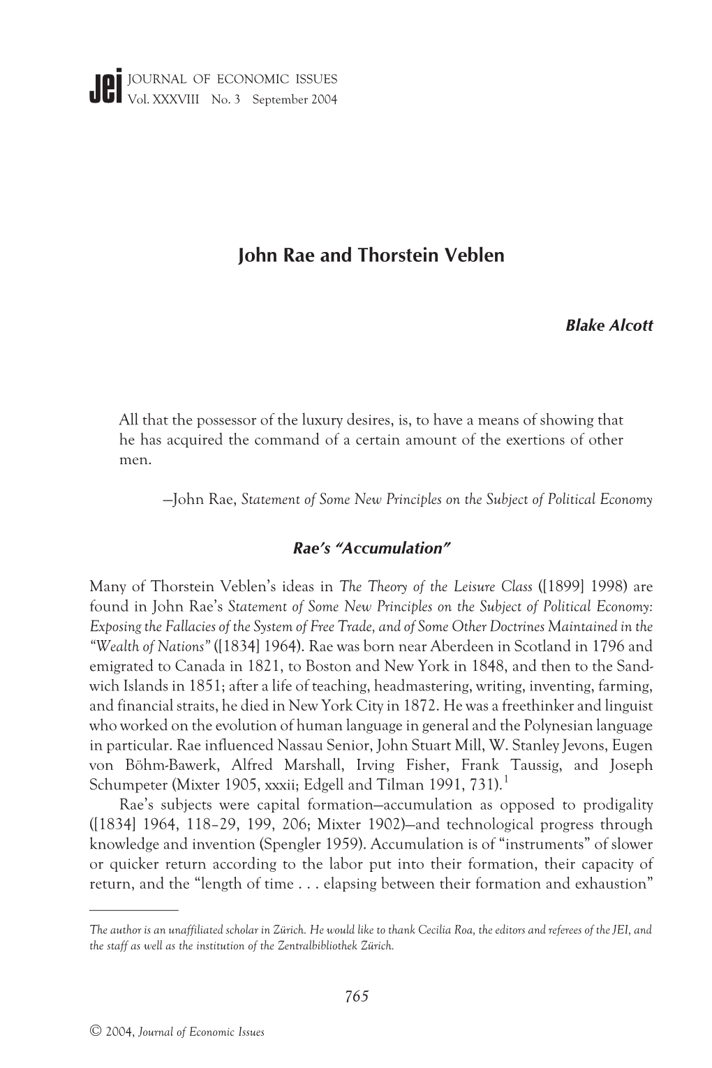 John Rae and Thorstein Veblen