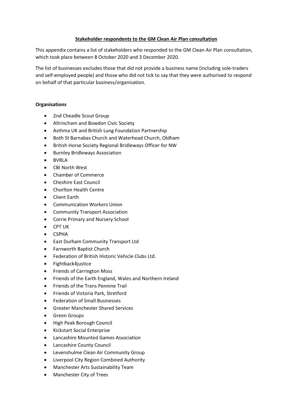 Stakeholder Respondents to the GM Clean Air Plan Consultation This