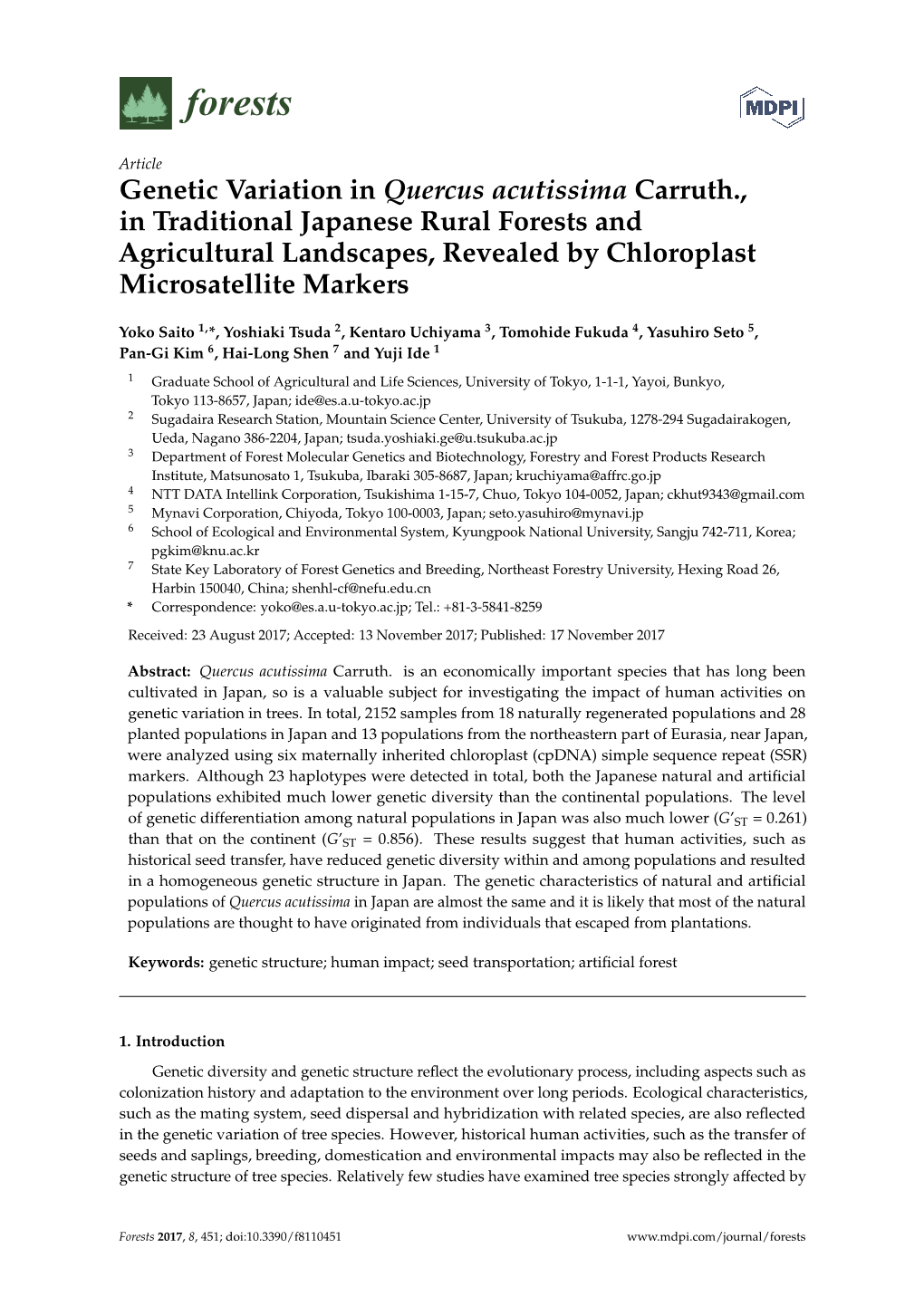 Genetic Variation in Quercus Acutissima Carruth., in Traditional Japanese Rural Forests and Agricultural Landscapes, Revealed by Chloroplast Microsatellite Markers