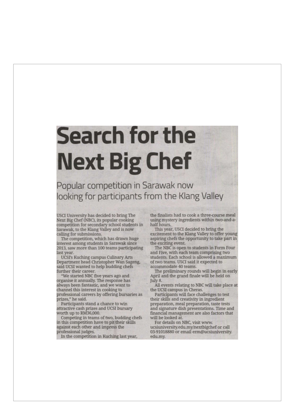 Next Big Chef Popular Competition in Sarawak Now Looking for Participants from the Klang Valley