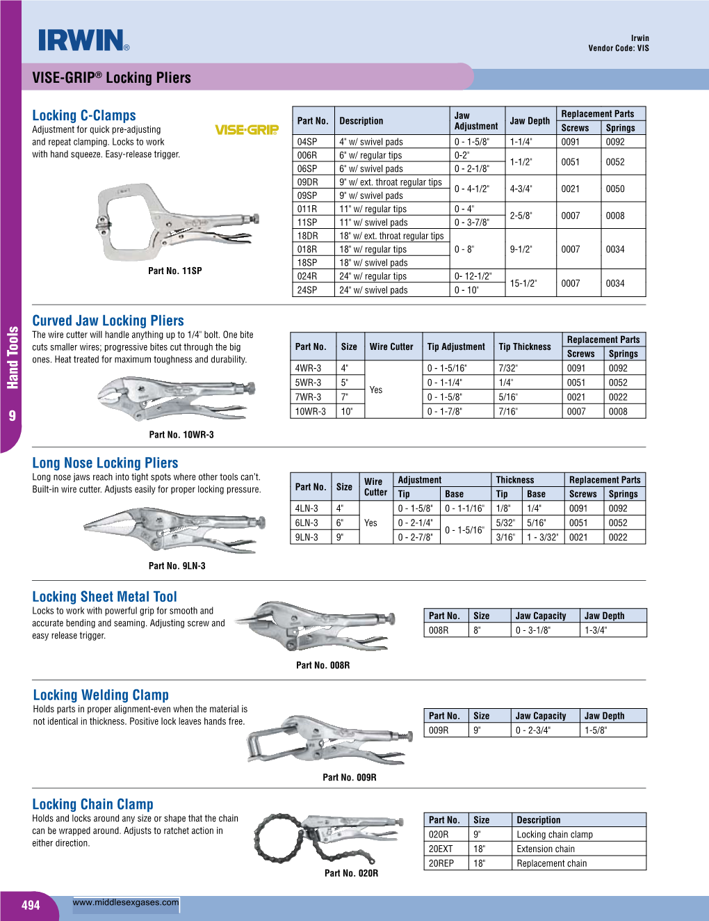 9 Hand Tools Locking C-Clamps Long Nose Locking Pliers Curved Jaw