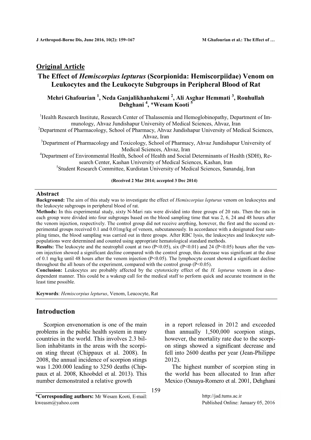 Original Article the Effect of Hemiscorpius Lepturus (Scorpionida: Hemiscorpiidae) Venom on Leukocytes and the Leukocyte Subgroups in Peripheral Blood of Rat