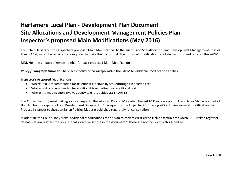 Schedule of Inspectors Proposed Main Modifications