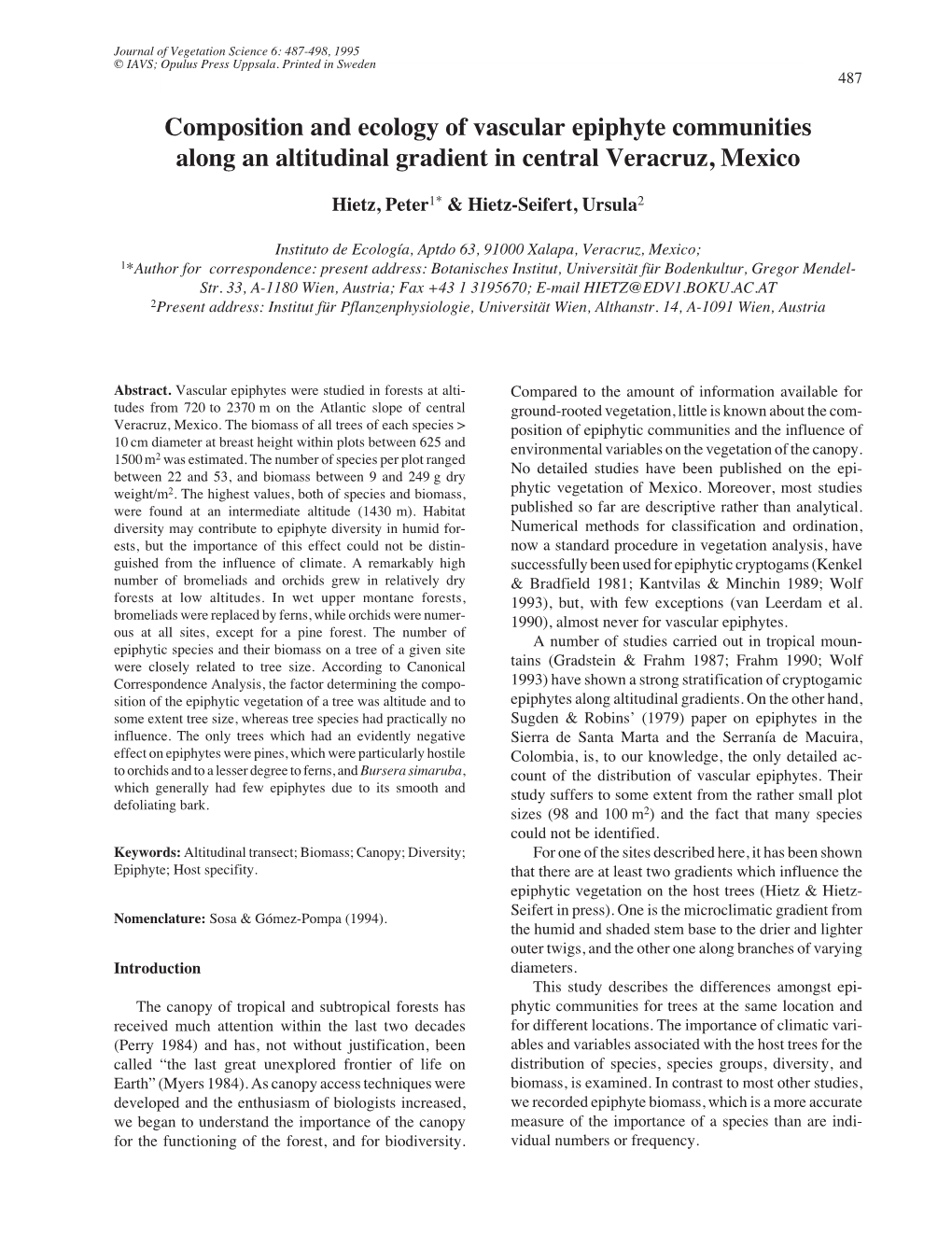 Composition and Ecology of Vascular Epiphyte Communities Along an Altitudinal Gradient in Central Veracruz, Mexico