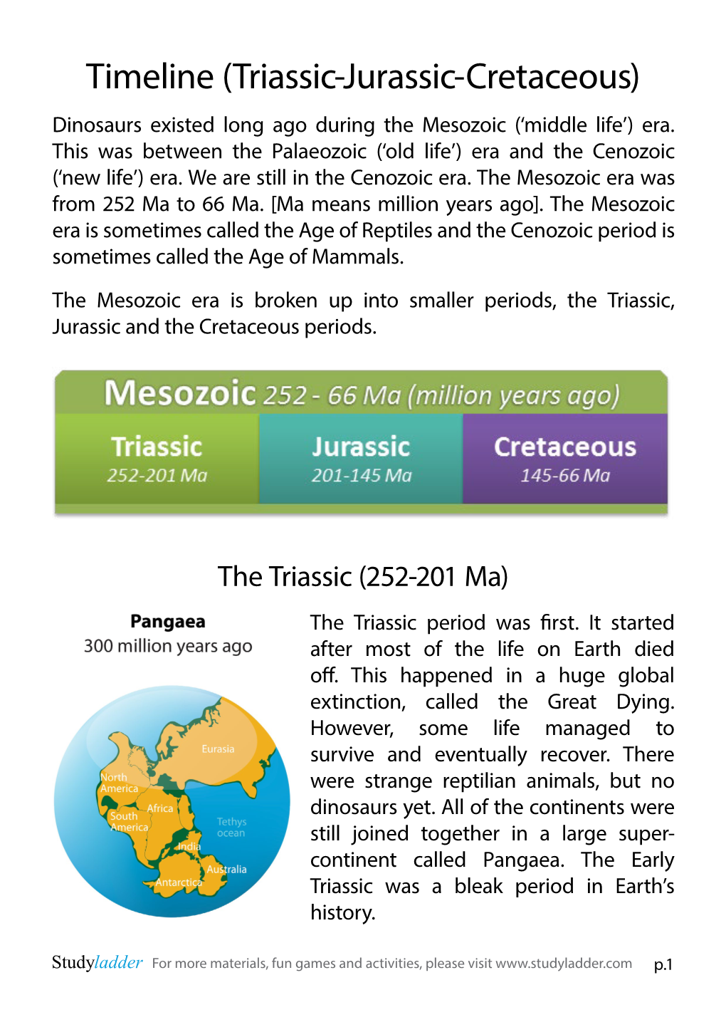 Timeline (Triassic-Jurassic-Cretaceous) Dinosaurs Existed Long Ago During the Mesozoic (‘Middle Life’) Era