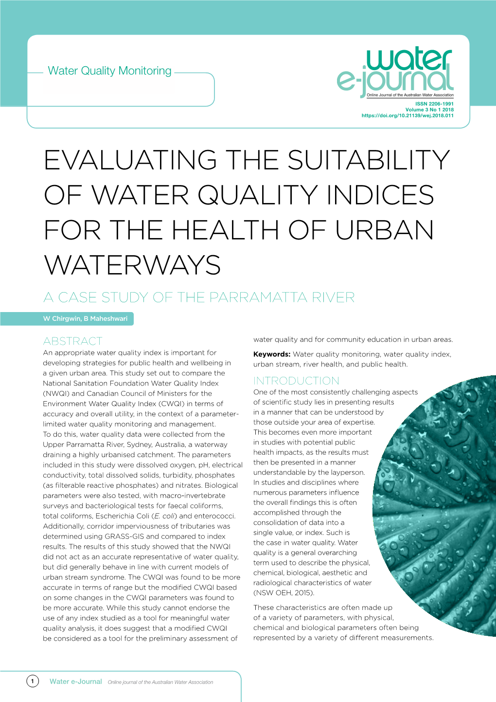 Evaluating the Suitability of Water Quality Indices for the Health of Urban Waterways a Case Study of the Parramatta River