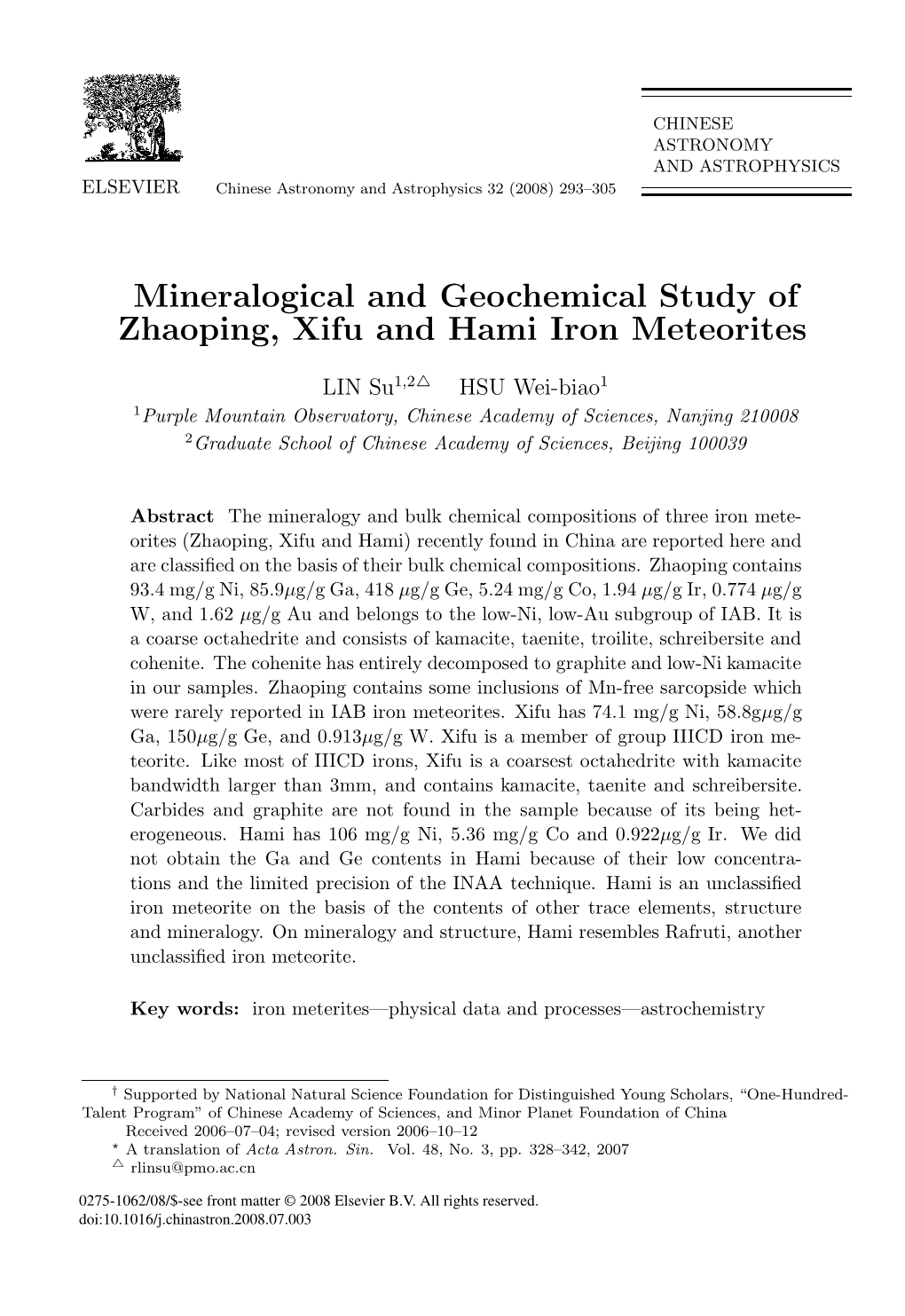 Mineralogical and Geochemical Study of Zhaoping, Xifu and Hami Iron Meteorites