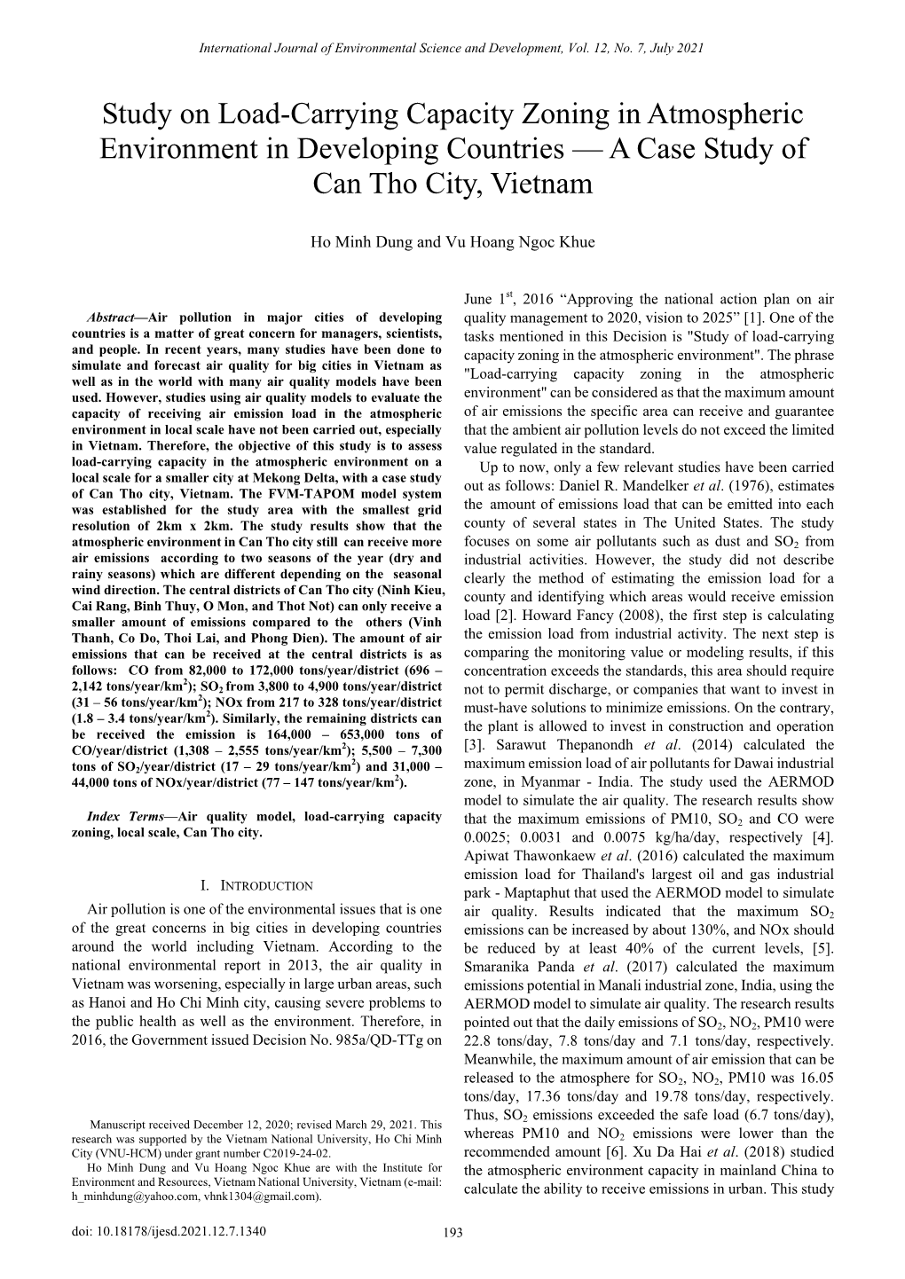 Study on Load-Carrying Capacity Zoning in Atmospheric Environment in Developing Countries — a Case Study of Can Tho City, Vietnam