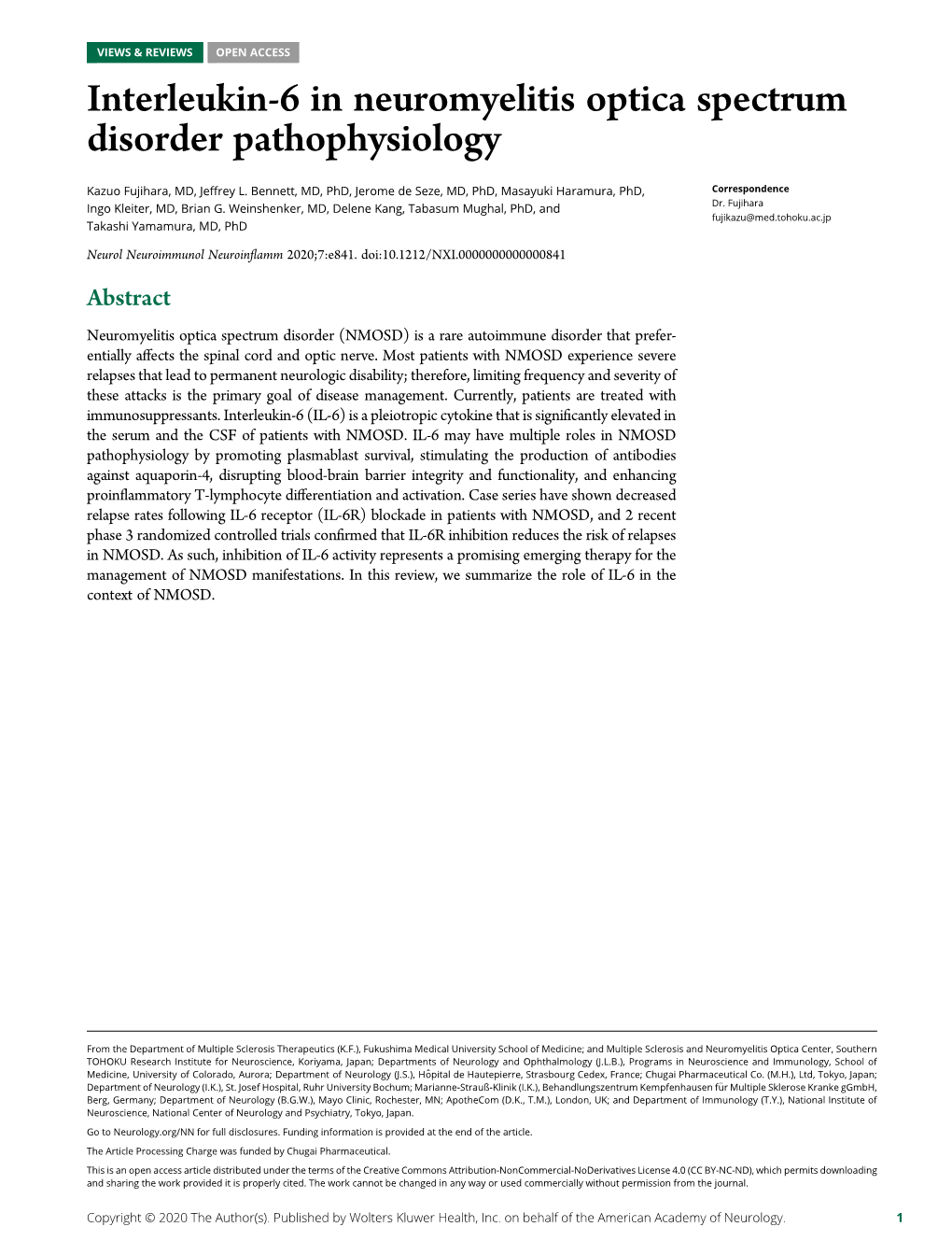 Interleukin-6 in Neuromyelitis Optica Spectrum Disorder Pathophysiology