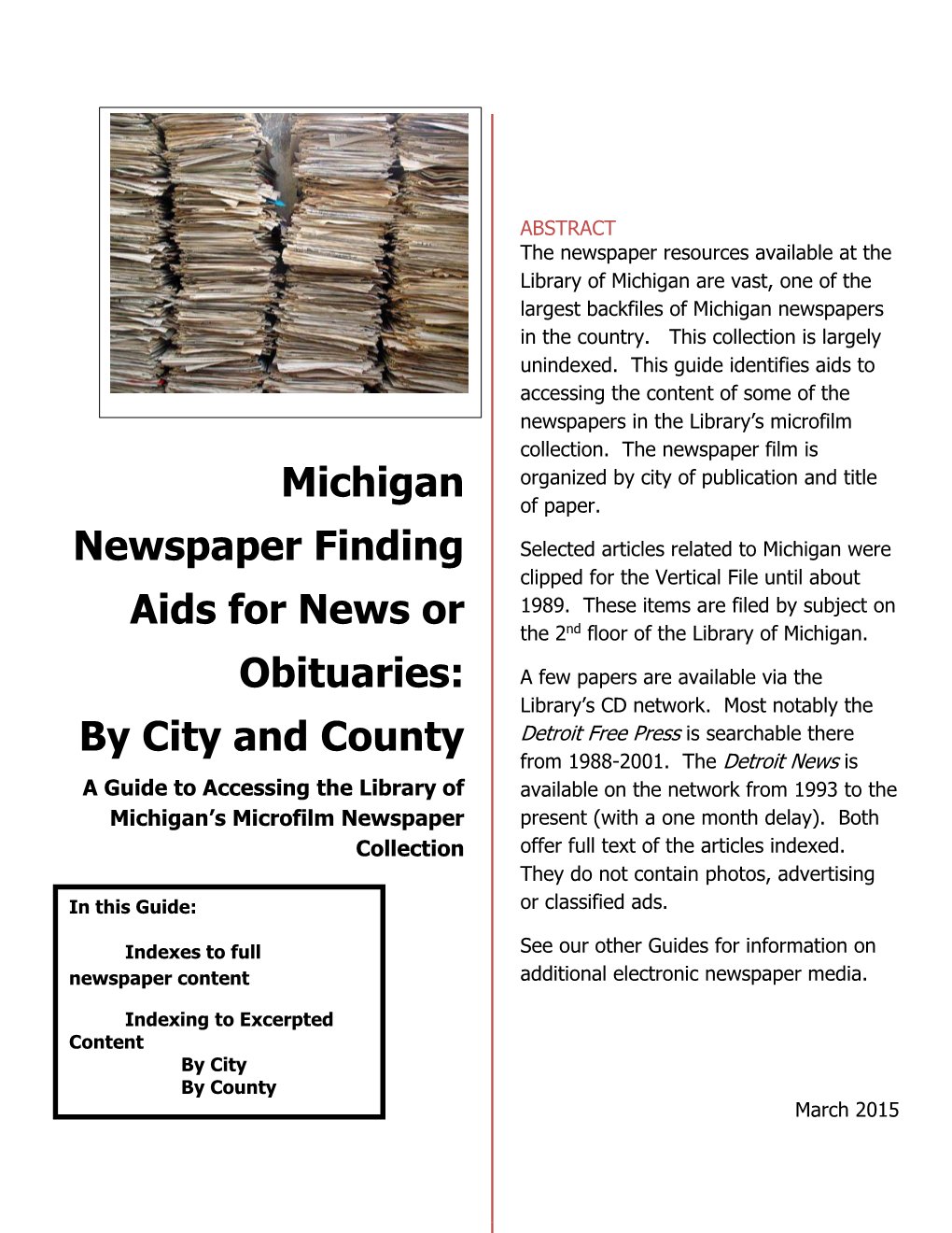 Michigan Newspaper Finding Aids for News, Obituaries,Etc