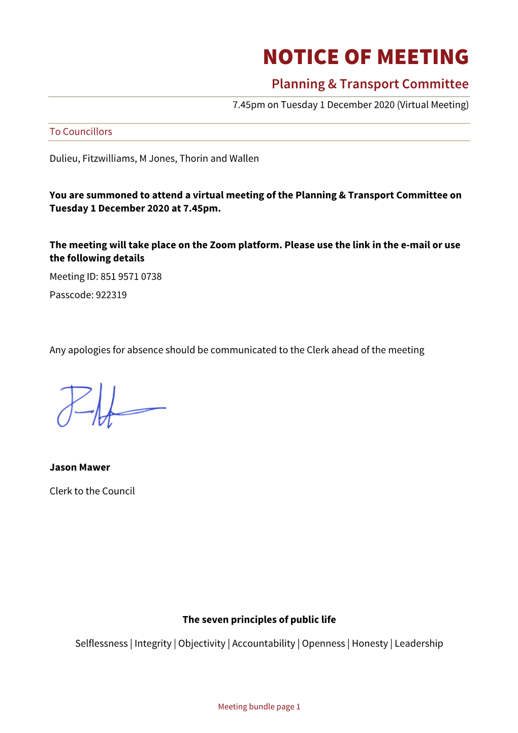NOTICE of MEETING Planning & Transport Committee 7.45Pm on Tuesday 1 December 2020 (Virtual Meeting)