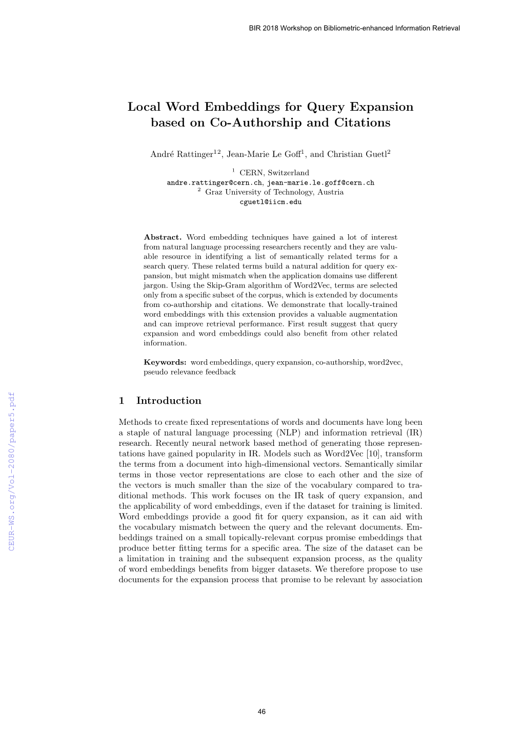 Local Word Embeddings for Query Expansion Based on Co-Authorship and Citations