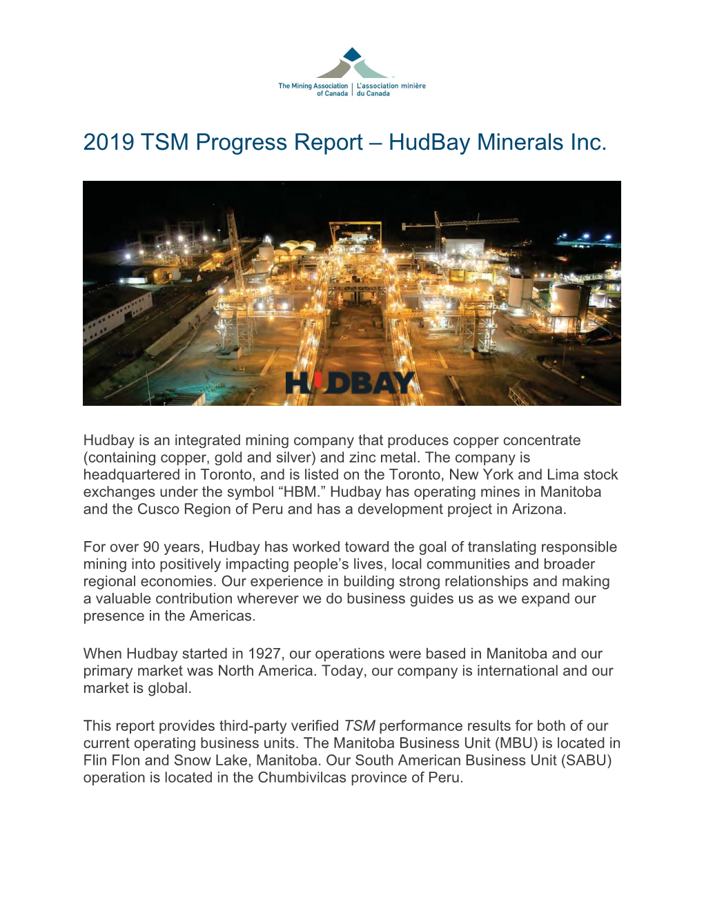 2019 TSM Progress Report – Hudbay Minerals Inc