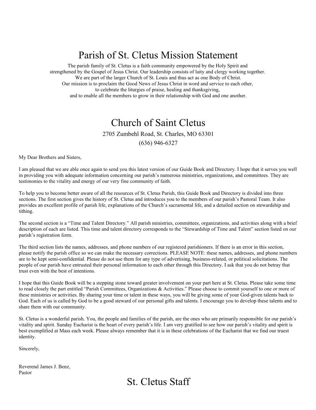 Parish of St. Cletus Mission Statement