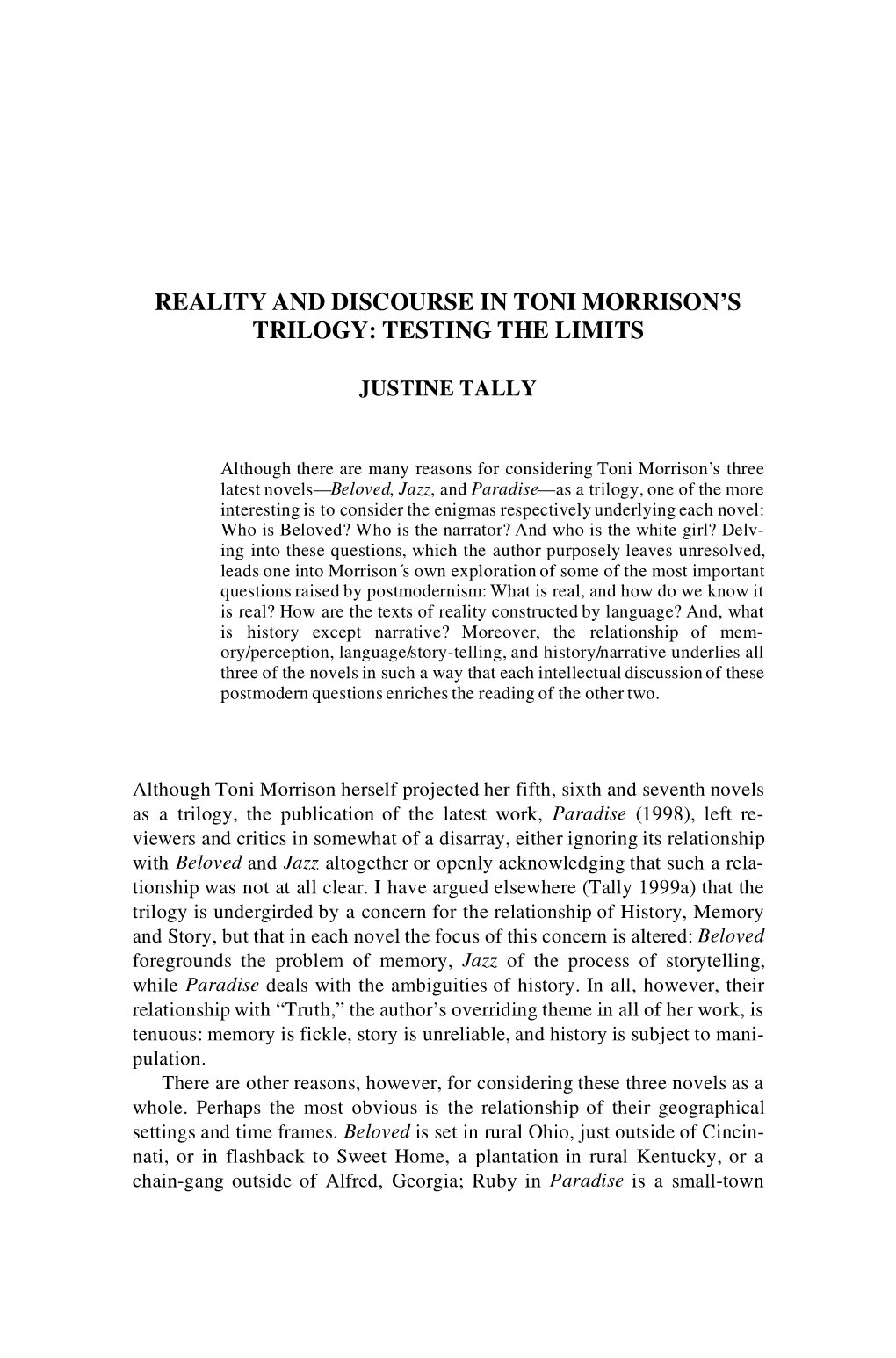 Reality and Discourse in Toni Morrison's Trilogy