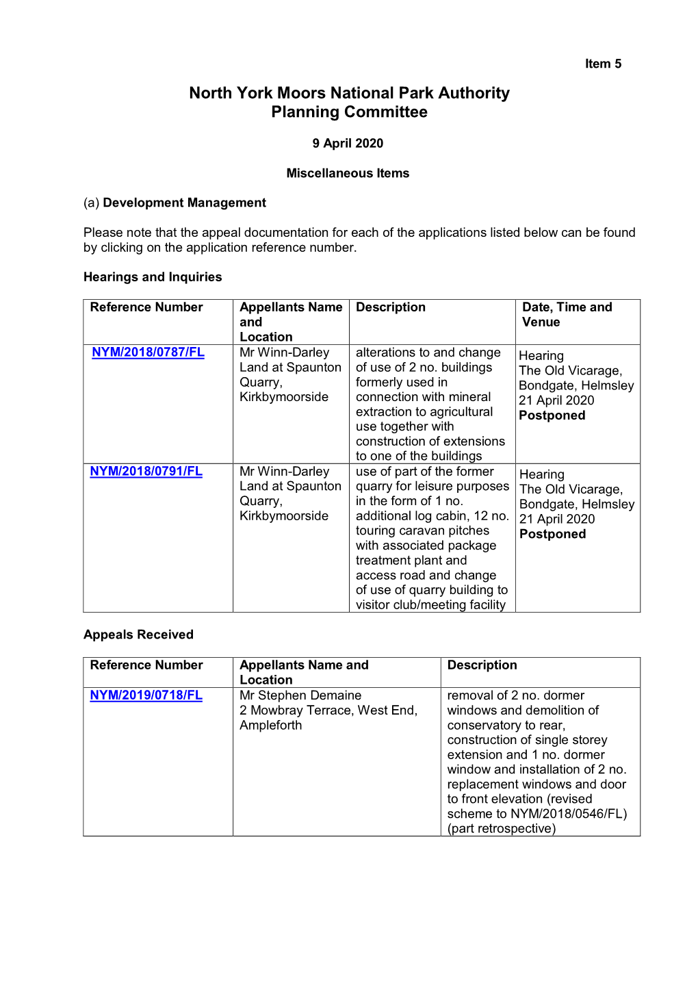 North York Moors National Park Authority Planning Committee