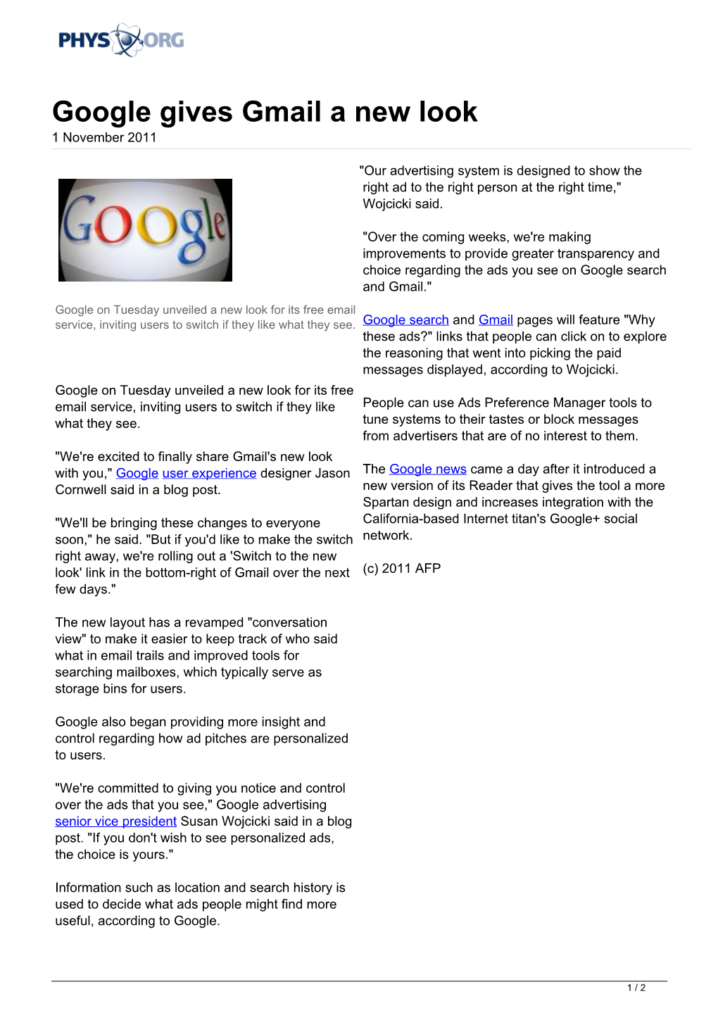 Google Gives Gmail a New Look 1 November 2011