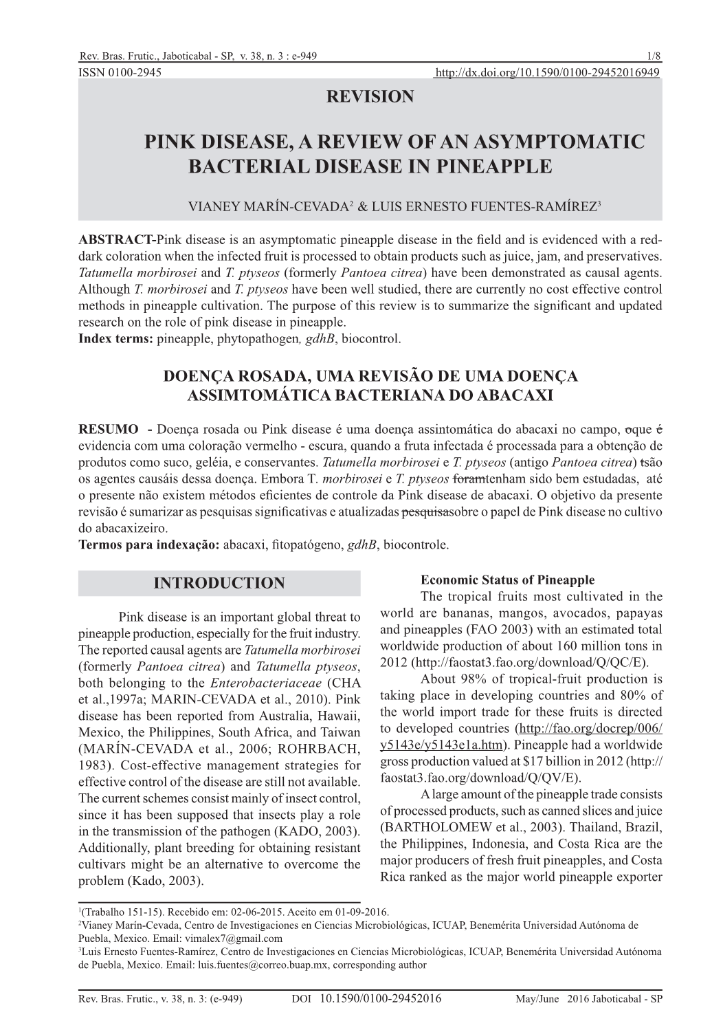 Pink Disease, a Review of an Asymptomatic Bacterial Disease in Pineapple