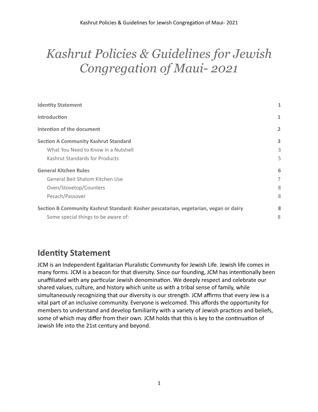 Kashrut Policies & Guidelines for Jewish Congregation of Maui- 2021