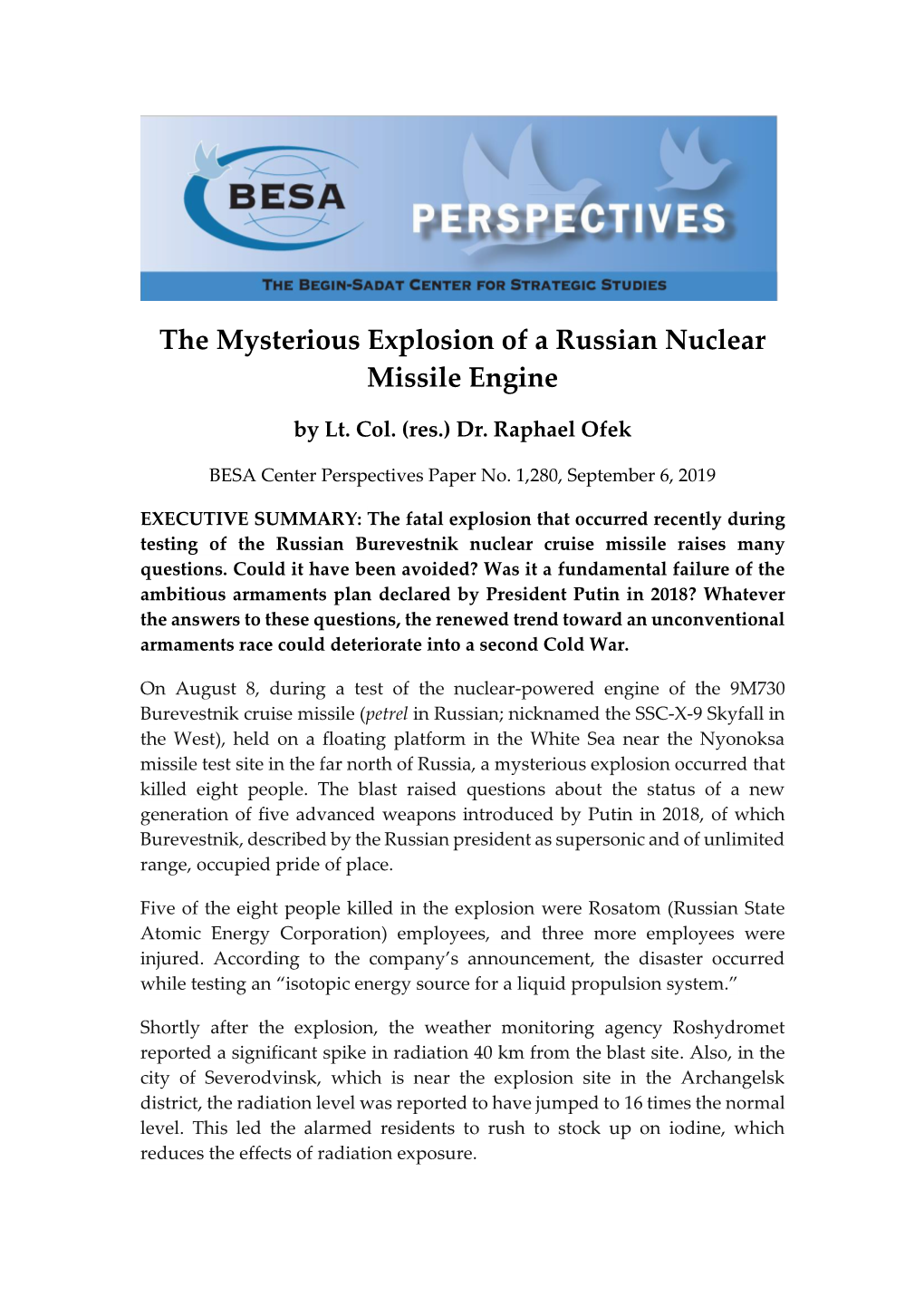 The Mysterious Explosion of a Russian Nuclear Missile Engine
