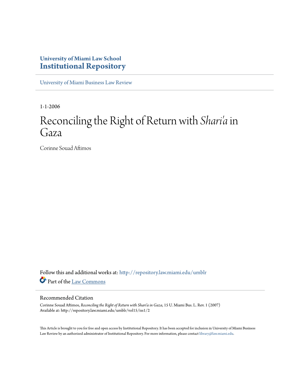 Reconciling the Right of Return with Shari'a in Gaza Corinne Souad Aftimos