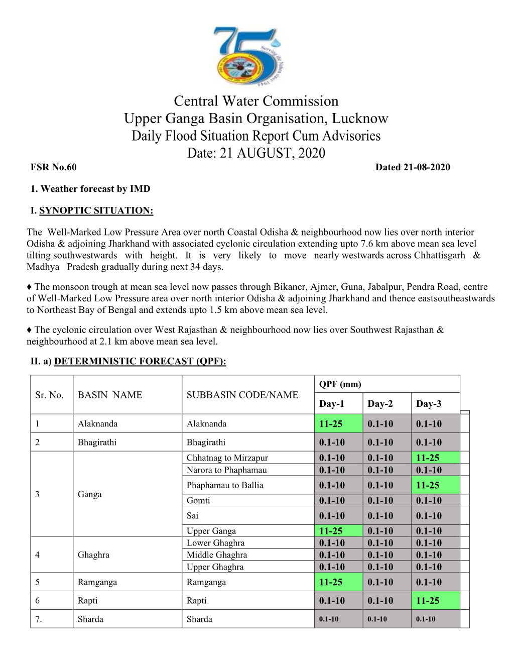 Central Water Commission Upper Ganga Basin Organisation, Lucknow Daily Flood Situation Report Cum Advisories Date: 21 AUGUST, 2020 FSR No.60 Dated 21-08-2020