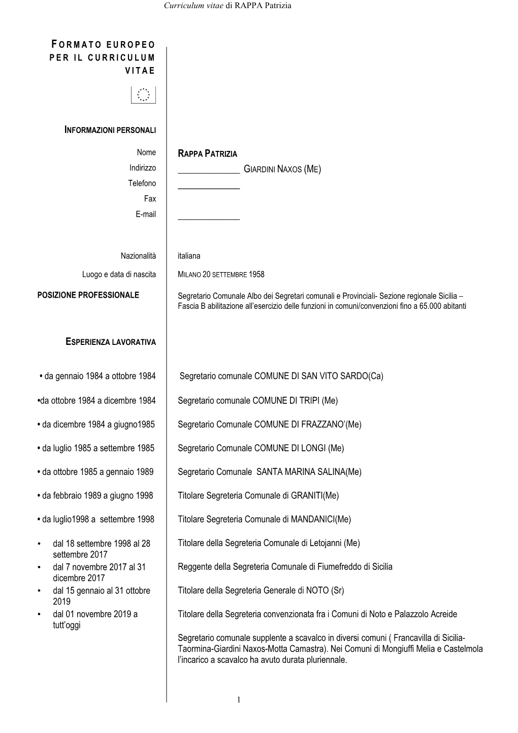 Curriculum Vitae Di RAPPA Patrizia