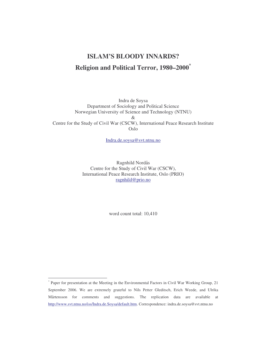 Islam's Bloody Innards? Religion and Political Terror, 1980-2000