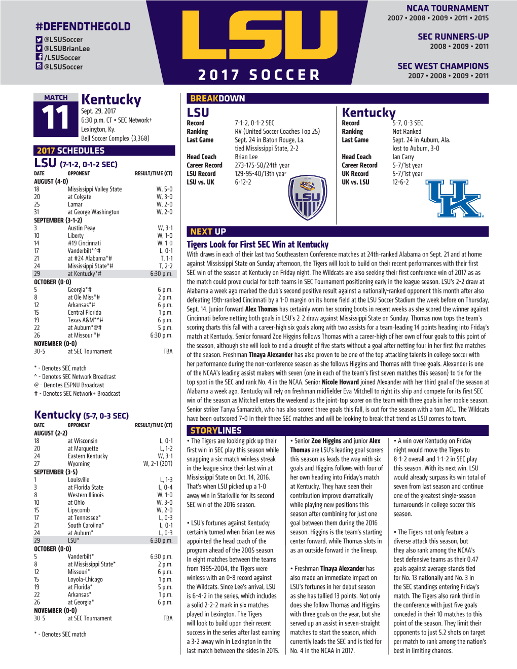 2017 SOCCER 2007 • 2008 • 2009 • 2011 MATCH Kentucky BREAKDOWN Sept