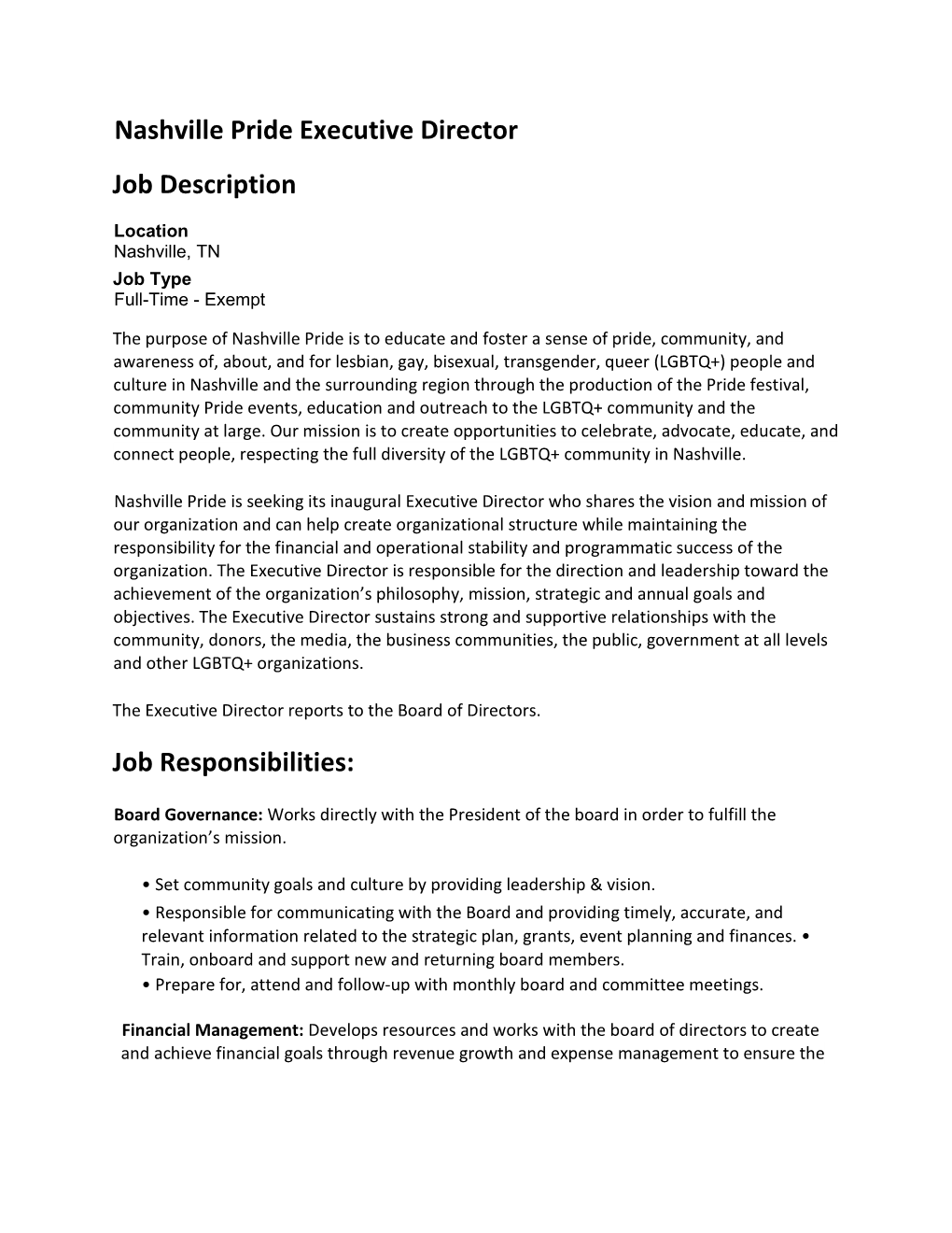 Nashville Pride Executive Director Job Description Job