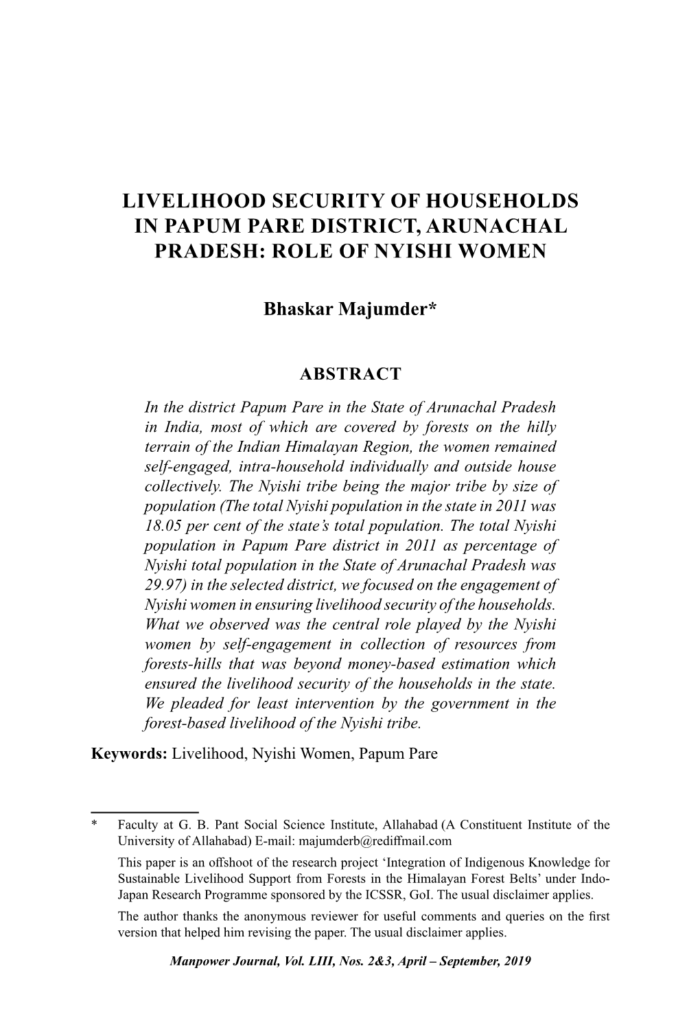 Livelihood Security of Households in Papum Pare District, Arunachal Pradesh: Role of Nyishi Women