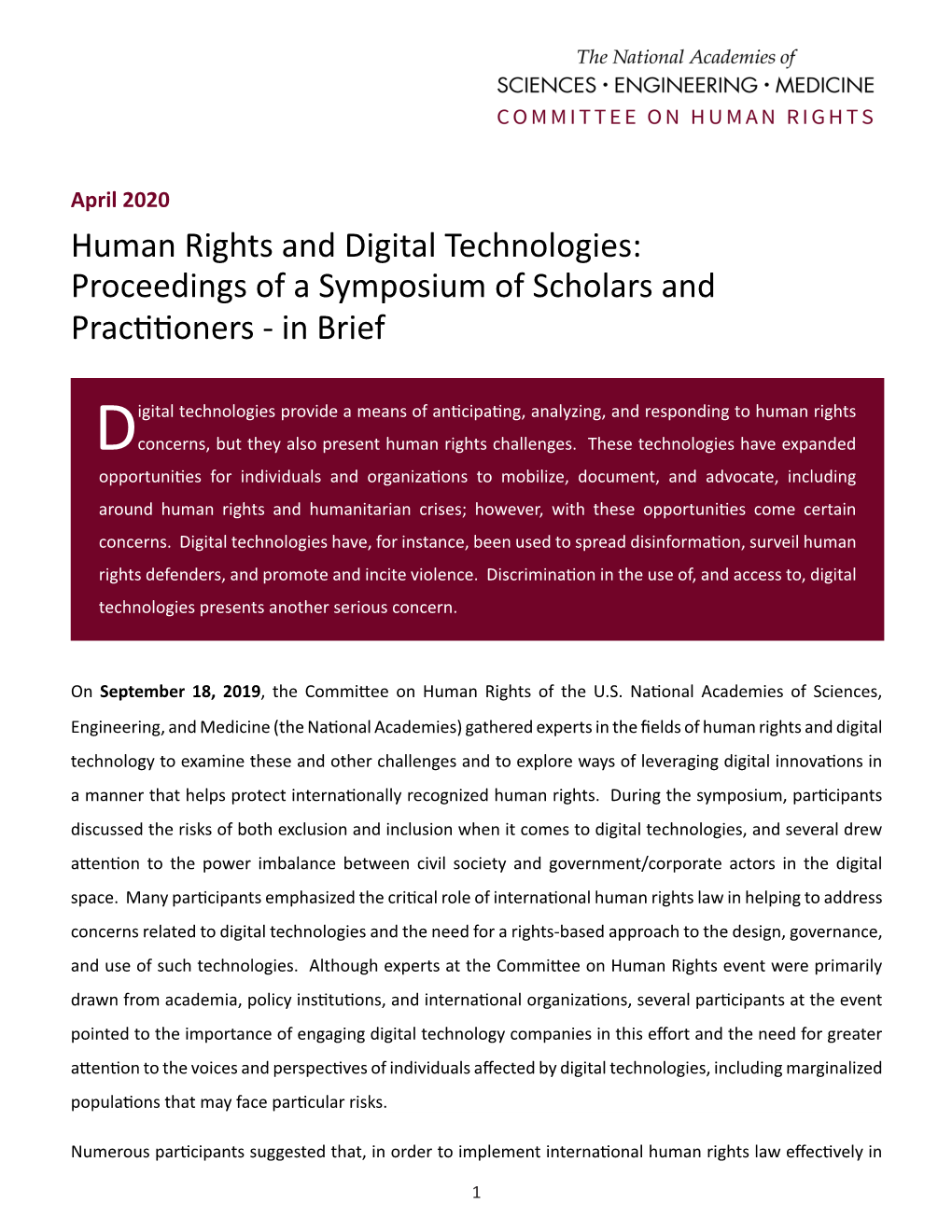 Human Rights and Digital Technologies: Proceedings of a Symposium of Scholars and Practitioners - in Brief