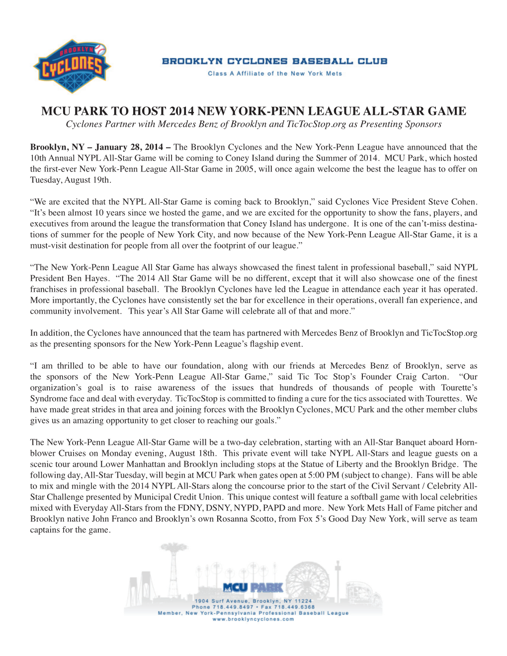 MCU PARK to HOST 2014 NEW YORK-PENN LEAGUE ALL-STAR GAME Cyclones Partner with Mercedes Benz of Brooklyn and Tictocstop.Org As Presenting Sponsors
