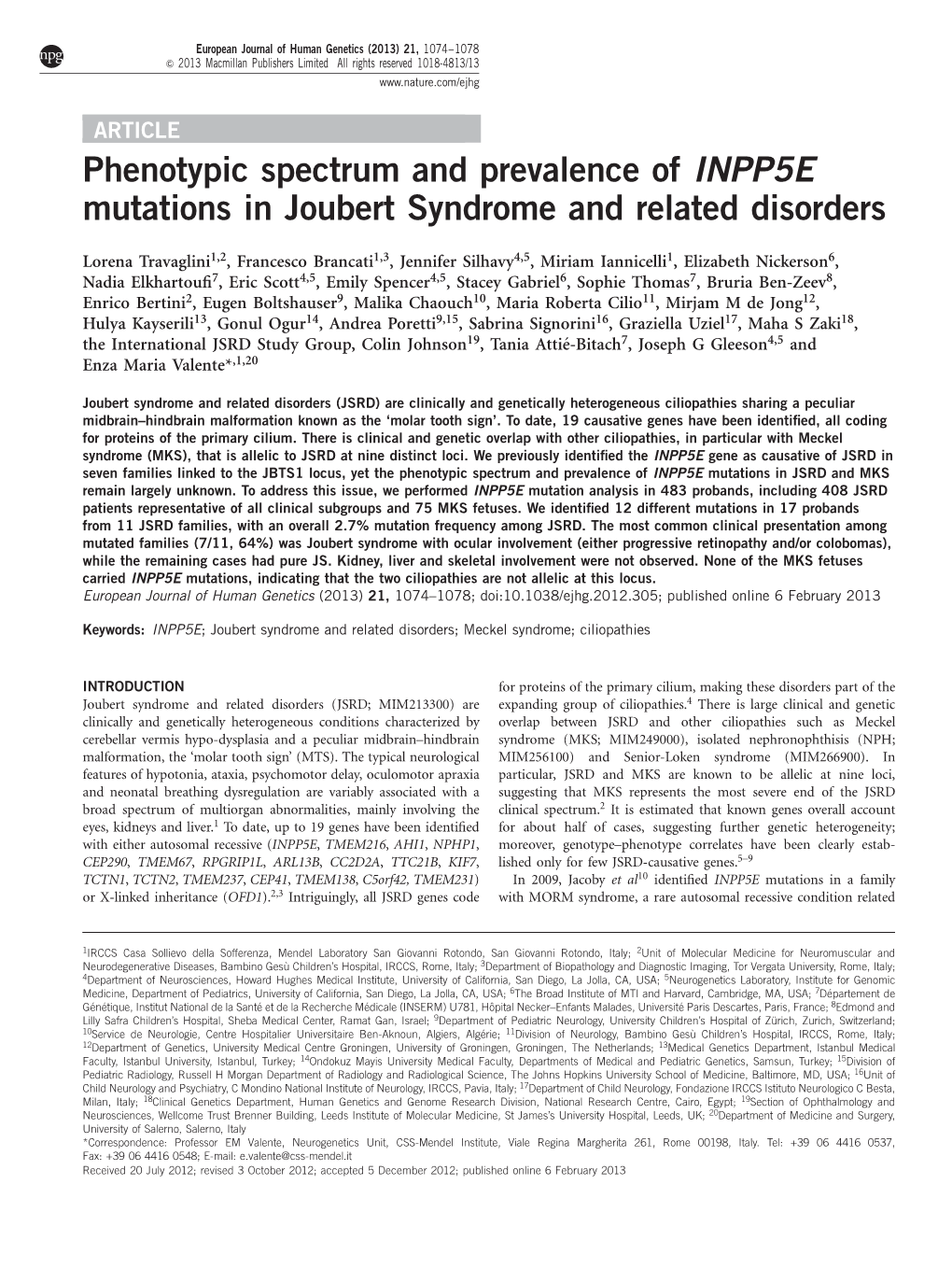 Phenotypic Spectrum and Prevalence of INPP5E Mutations in Joubert Syndrome and Related Disorders