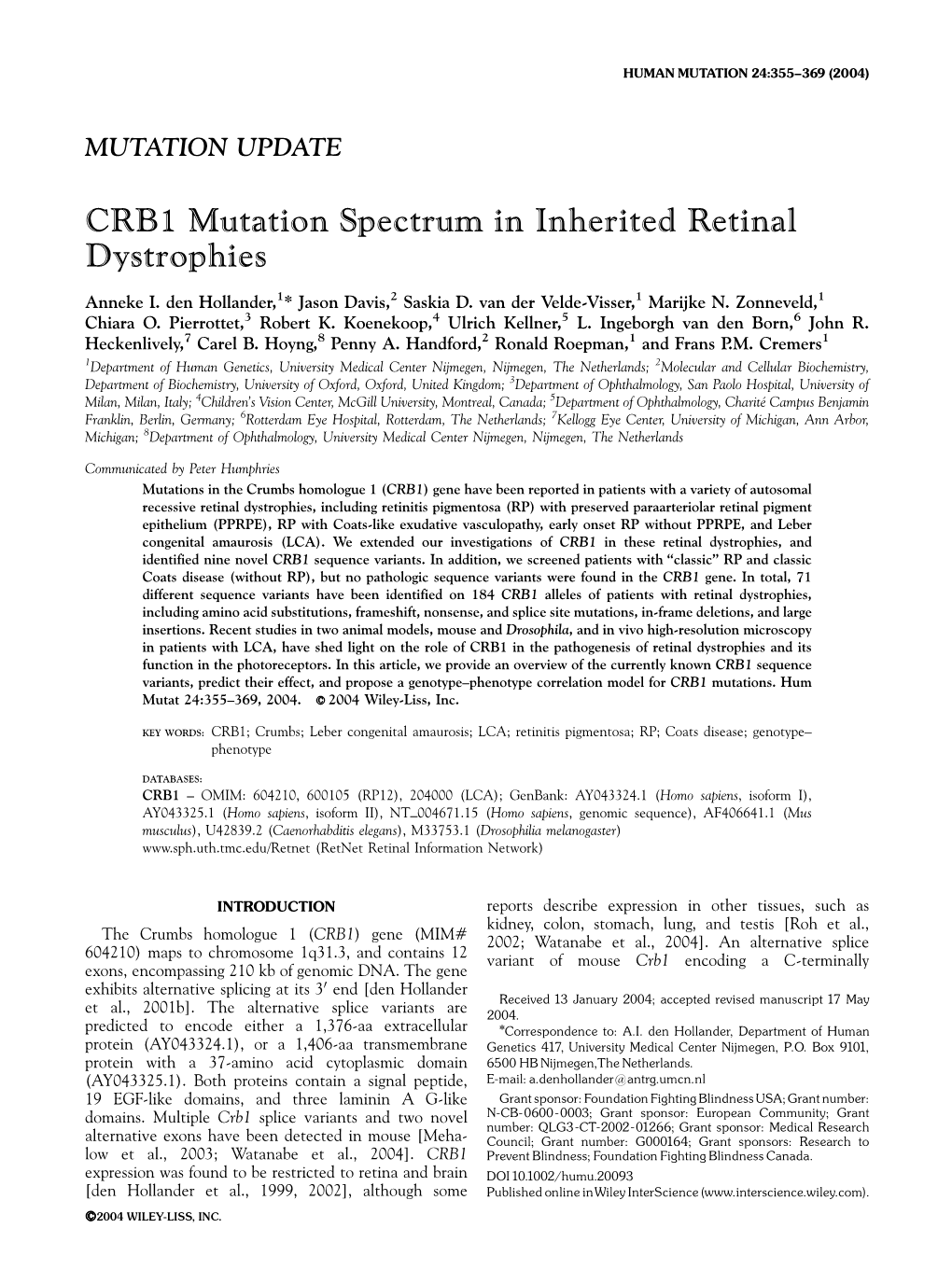 CRB1 Mutation Spectrum in Inherited Retinal Dystrophies