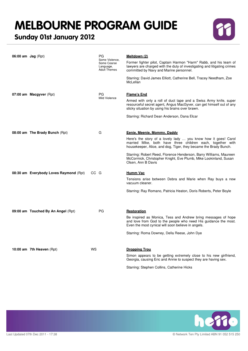 MELBOURNE PROGRAM GUIDE Sunday 01St January 2012