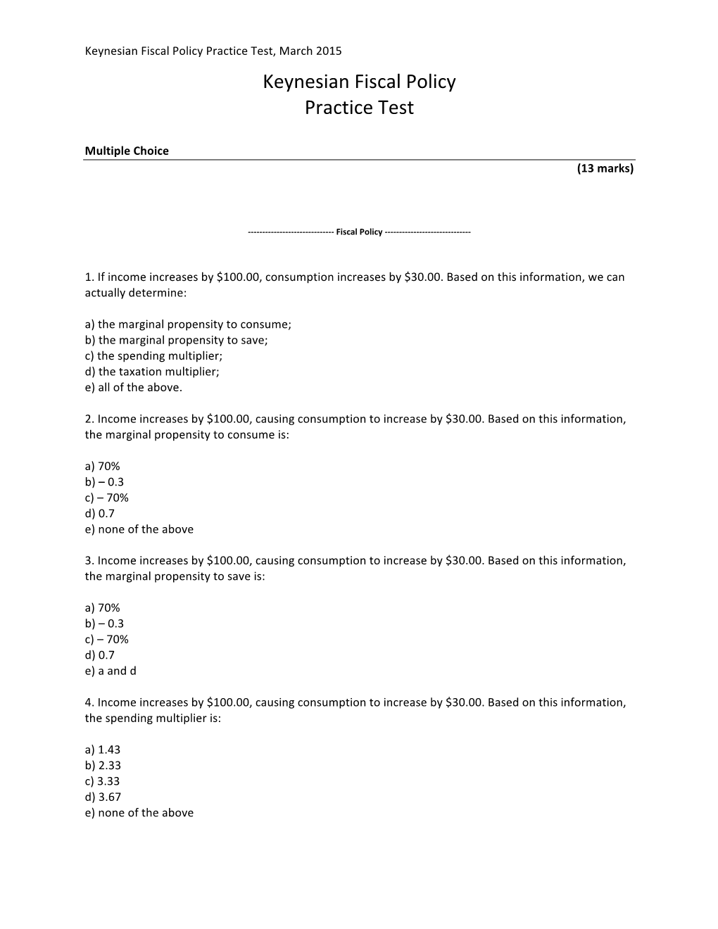 Keynesian Fiscal Policy Practice Test and Answer Key, 2015