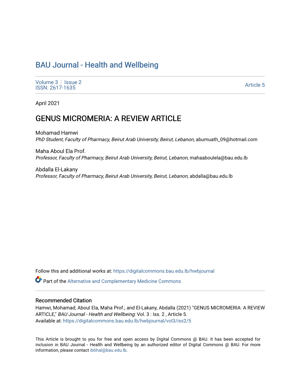 Genus Micromeria: a Review Article