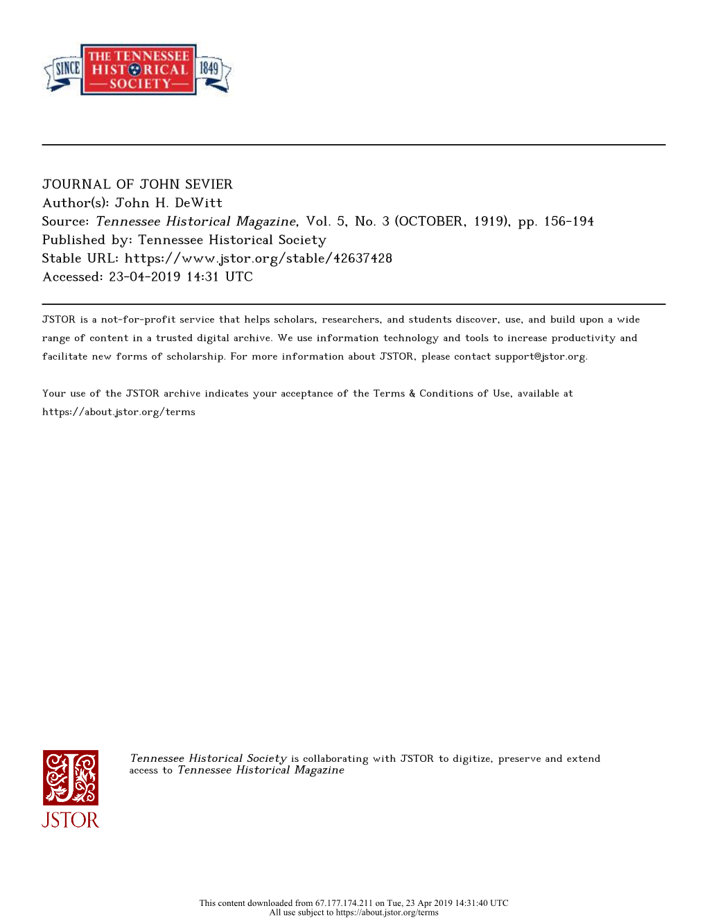 JOURNAL of JOHN SEVIER Author(S): John H