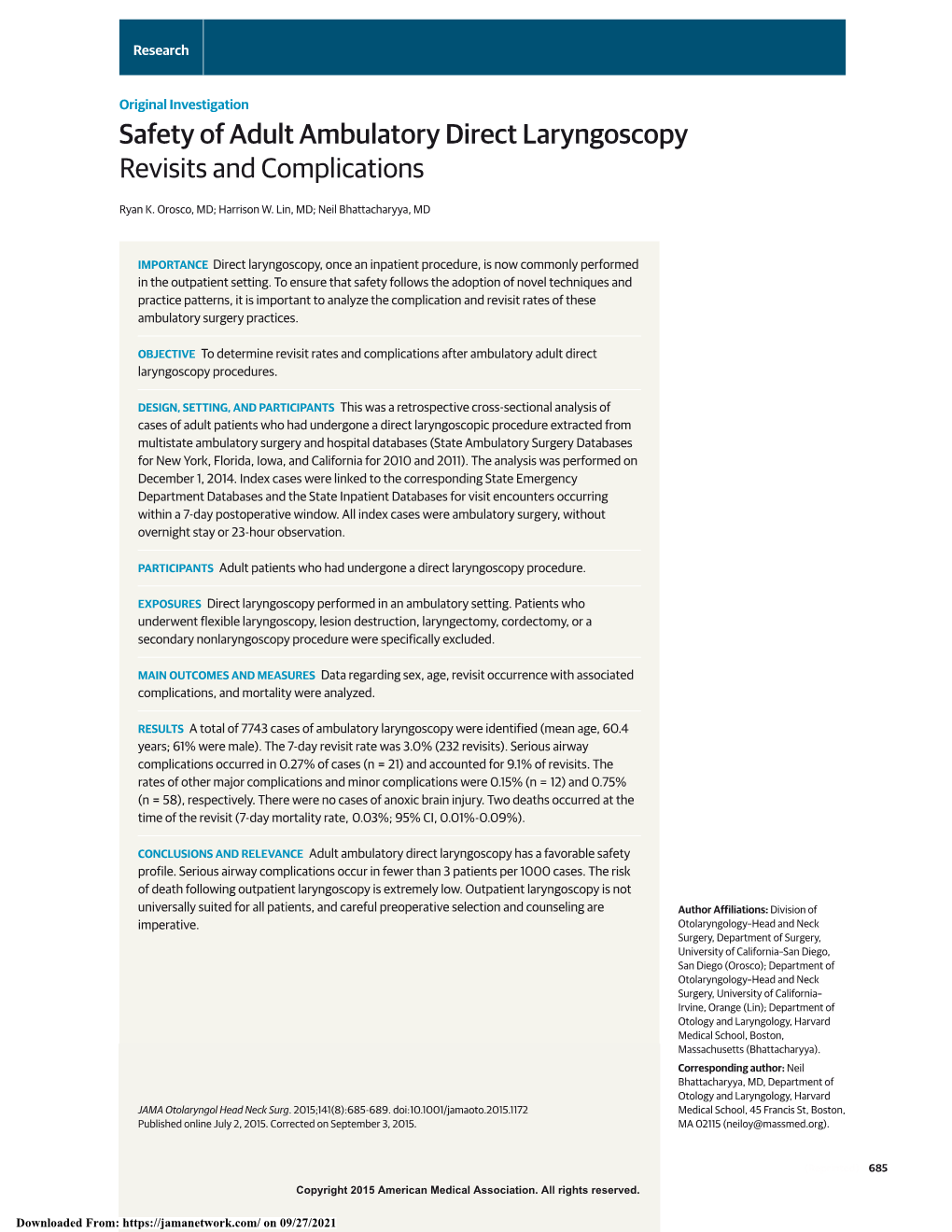 Safety of Adult Ambulatory Direct Laryngoscopy Revisits and Complications