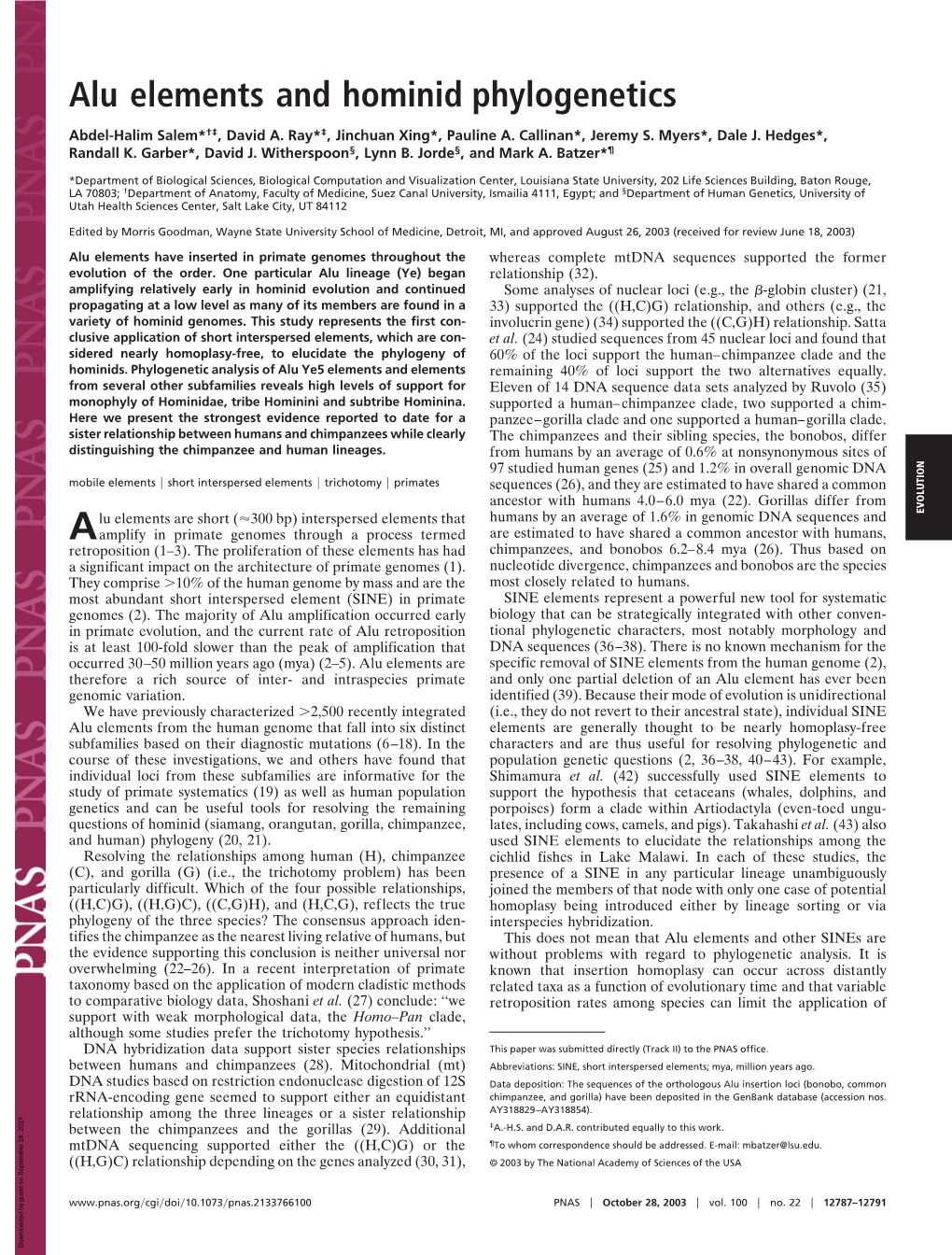 Alu Elements and Hominid Phylogenetics