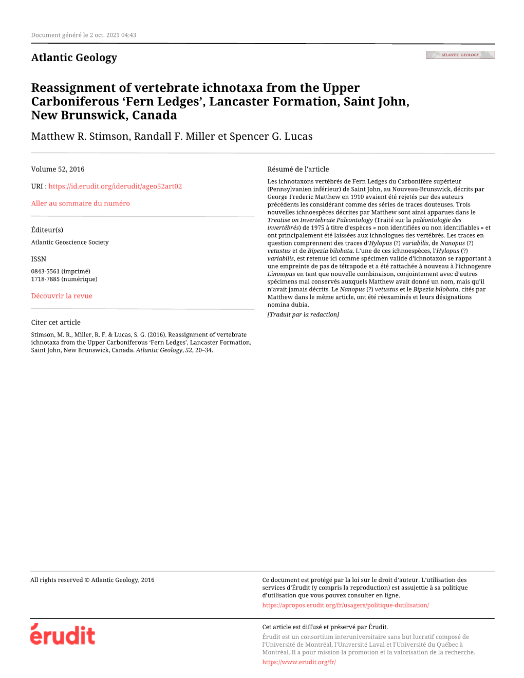 Reassignment of Vertebrate Ichnotaxa from the Upper Carboniferous ‘Fern Ledges’, Lancaster Formation, Saint John, New Brunswick, Canada Matthew R